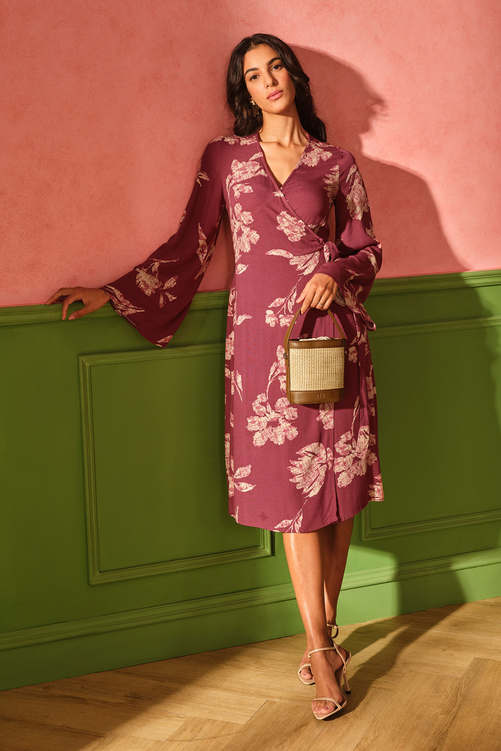 Amber Blossom Wrap Viscose Dress, Rust, image 1